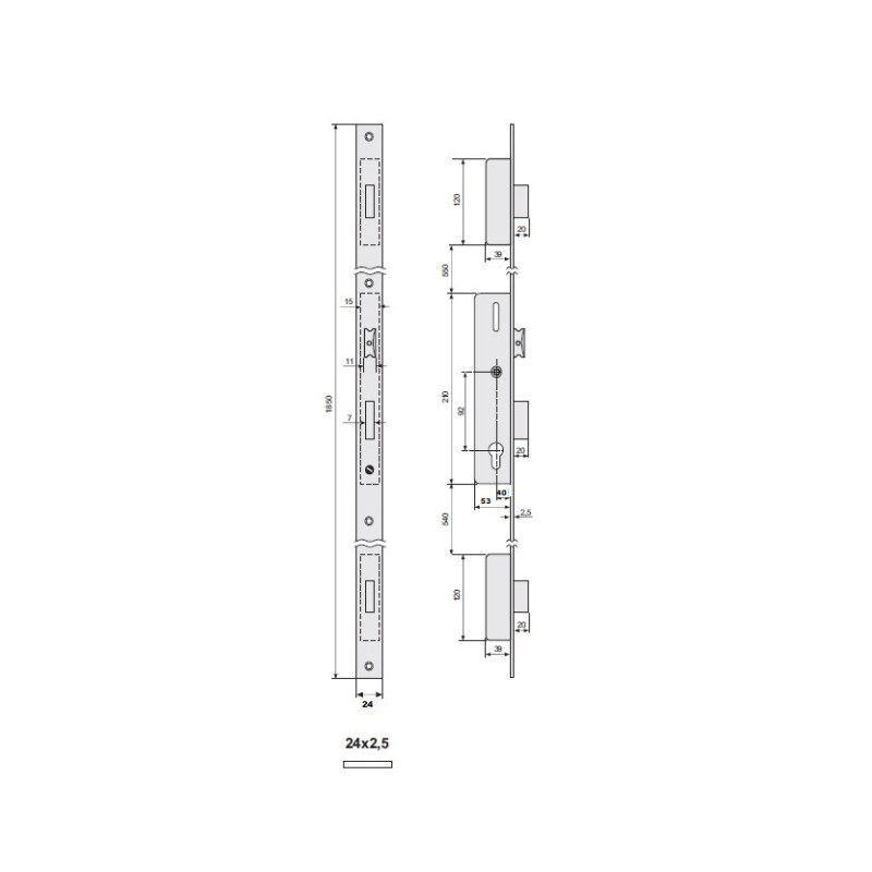 ZAMEK LISTWOWY ZAPADKOWO-ZASUWKOWY MECH. ZĘBATKOWY 40mm, FRONT 24mm, 2E2/40/6AN