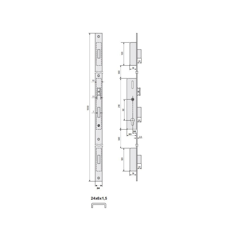 ZAMEK LISTWOWY ZAPADKOWO-ZASUWKOWY MECH. ZĘBATKOWY 50mm, FRONT U24x6mm, 2E2/50/6U