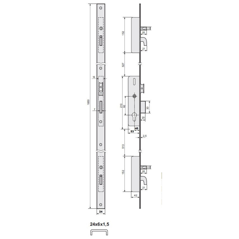 ZAMEK LISTWOWY ZAPADKOWO-ZASUWKOWY MECH. ZĘBATKOWY,HAK+TRZPIEŃ 40mm, FRONT U24x6mm, 2E2GB/40/6U