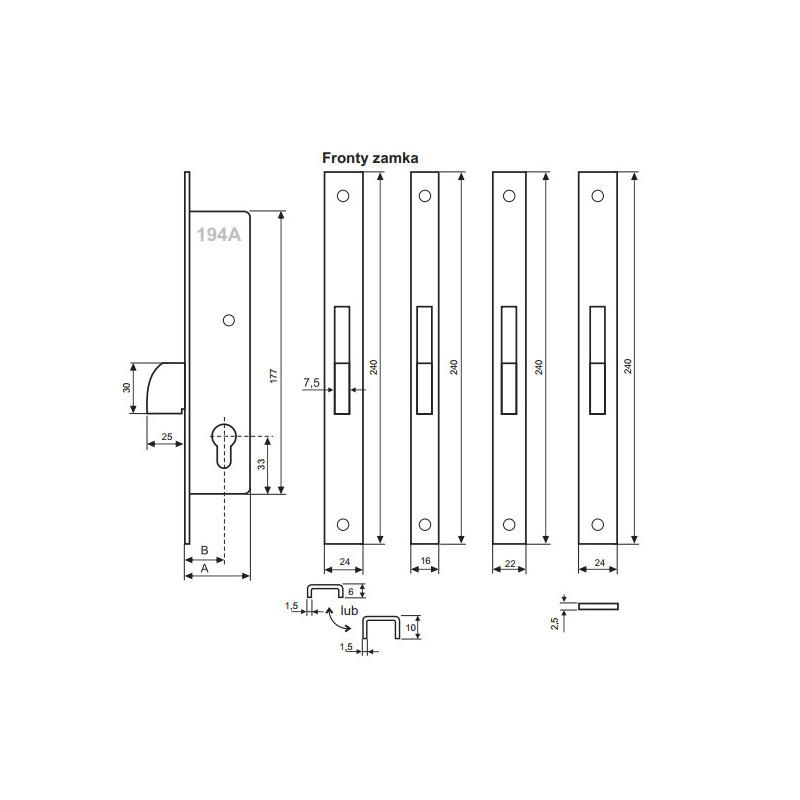 ZAMEK ZASUWKOWY 30mm, FRONT U24X10mm, 194A/30/6U10