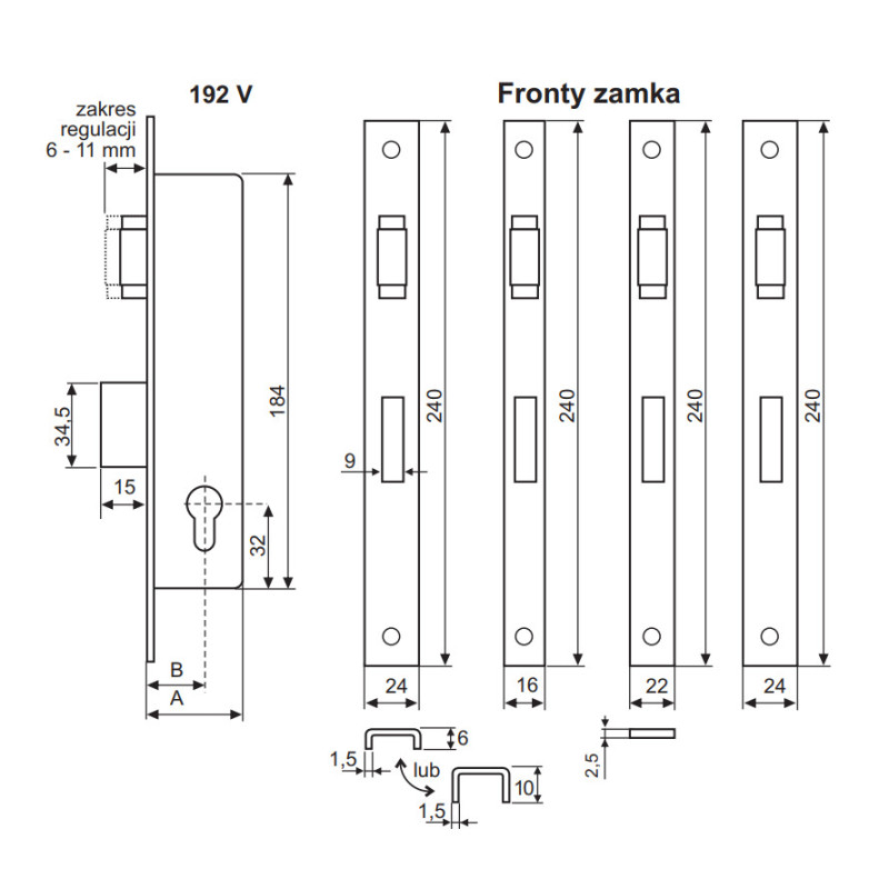 ZAMEK ZASUWKOWO-ROLKOWY 25mm, FRONT 22mm, 192V/25/6