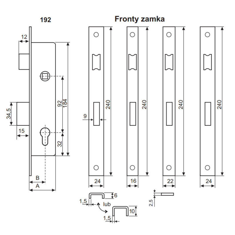 ZAMEK ZASUWKOWO-ZAPADKOWY 30mm, FRONT 24x6mm, 192/30/6U