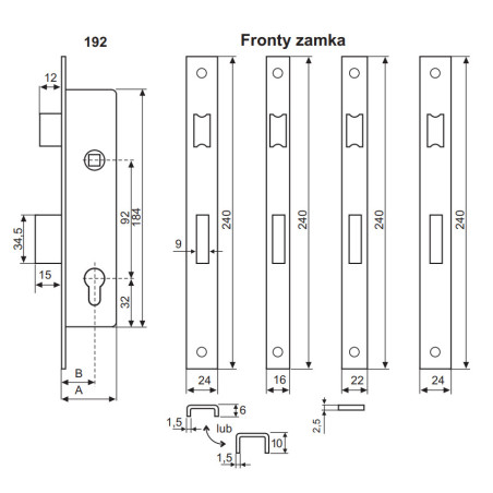 ZAMEK ZASUWKOWO-ZAPADKOWY 30mm, FRONT 24x6mm, 192/30/6U