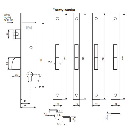 ZAMEK ZASUWKOWO-ZAPADKOWY 35mm, FRONT U24X6mm, 194/35/6U