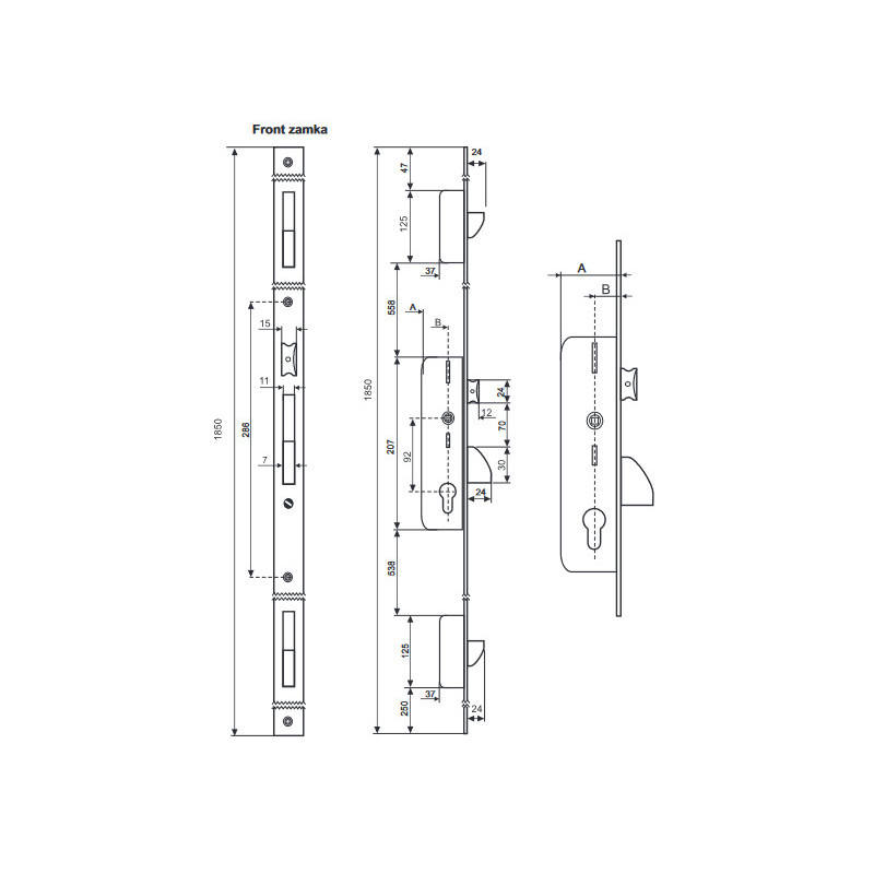 ZAMEK LISTWOWY ZAPADKOWO-ZASUWKOWY 30mm, FRONT 24x6 mm, 294/30/6U